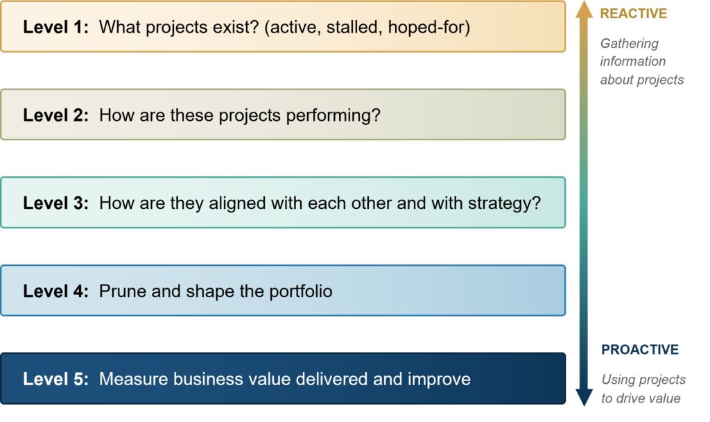 Visual framework of project portfolio maturity showing how organizations move beyond project reporting to value creation.